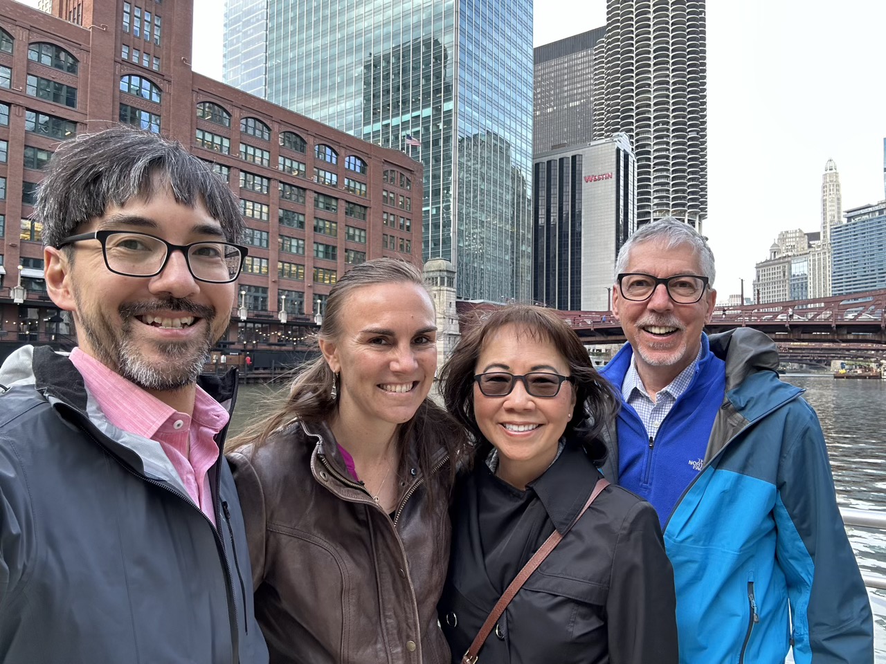 Benjamin, Cara, and the parents on the Chicago riverwalk